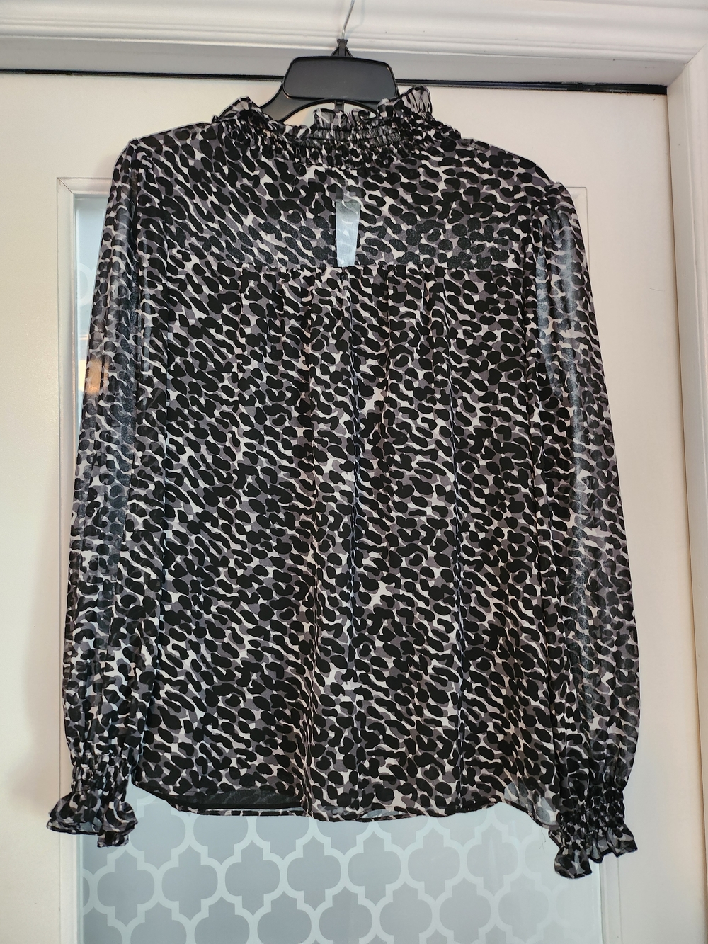 Premise Black and White Leopard-Style Ruffled Mock Neck Blouse